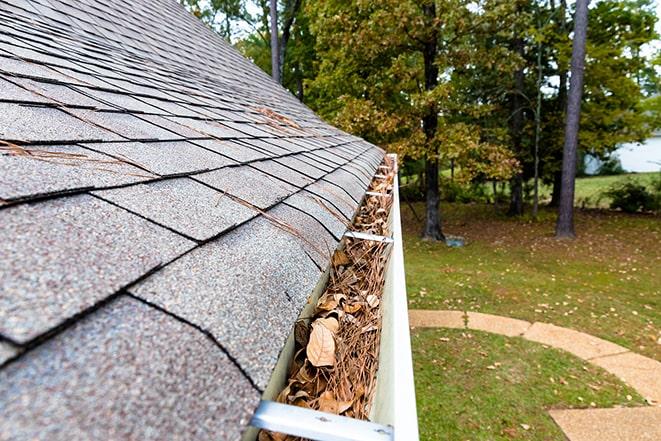 professional gutter cleaner using ladder to reach high gutter